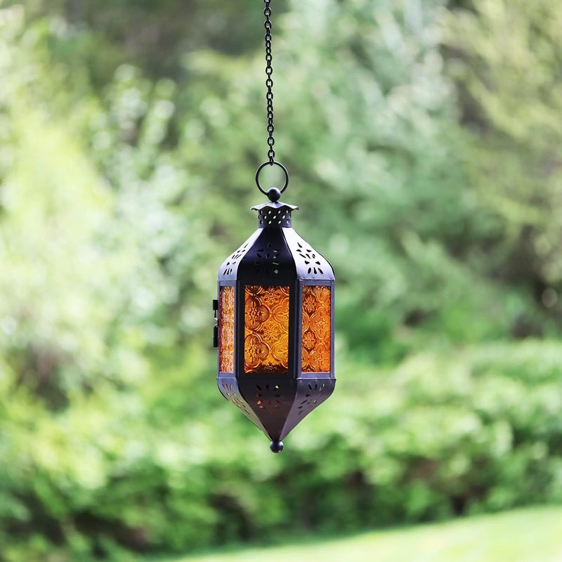 Vela Lanterns 11.5" Hanging Moroccan Decorative Candle Lantern Lamp â€“ Indoor/Outdoor Tea Light Candle Holder for Patio, Porch, Ramadan or Home Decor, Amber Orange - Image 3